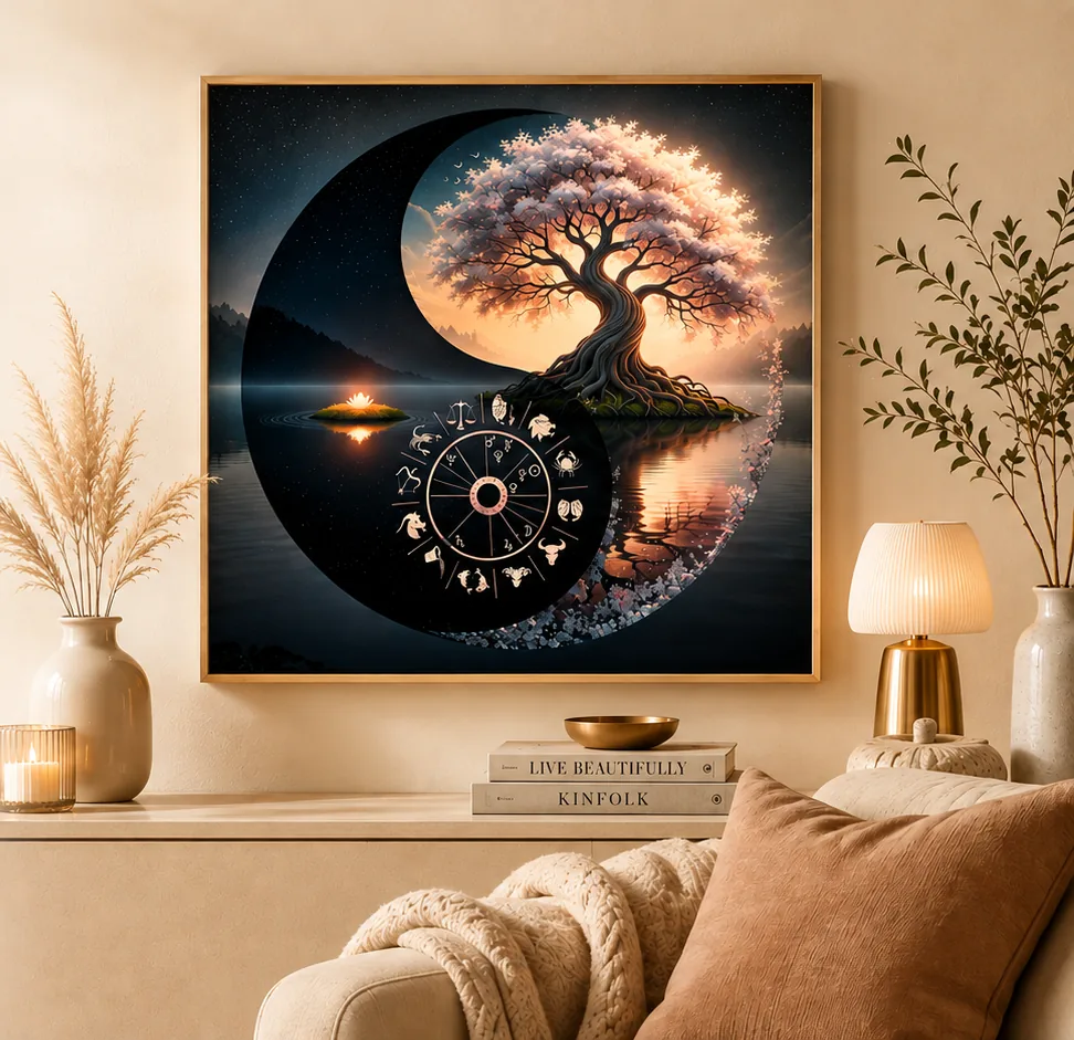 Living room with a framed design horoscope: blossoming tree by a lake at night with a golden zodiac wheel
