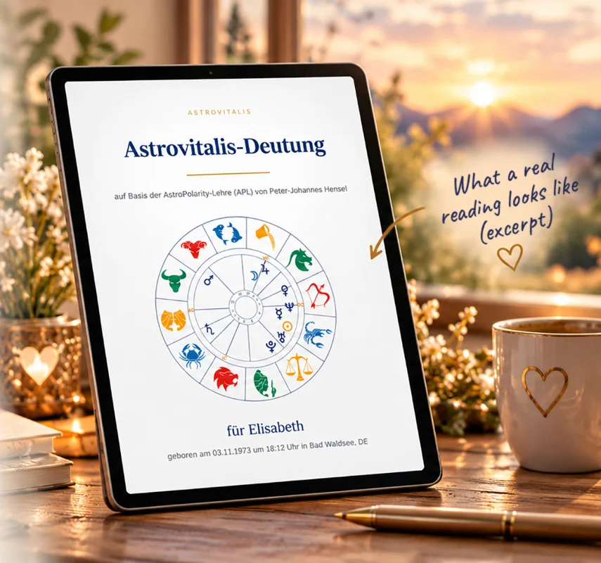Tablet on a wooden table showing the title page of an Astrovitalis reading with a horoscope wheel, next to flowers, candlelight and a mug; handwritten: “What a real reading looks like (excerpt)”