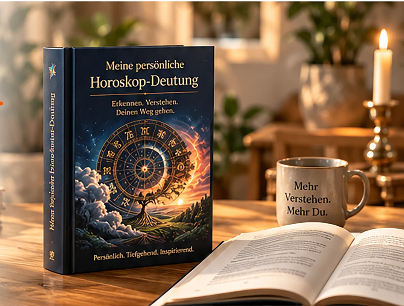 Ein Buch mit dem Titel „Meine persönliche Horoskop-Deutung“ steht auf einem Holztisch, daneben eine Tasse mit der Aufschrift „Mehr Verstehen. Mehr Du.“, ein aufgeschlagenes Buch und eine Kerze
