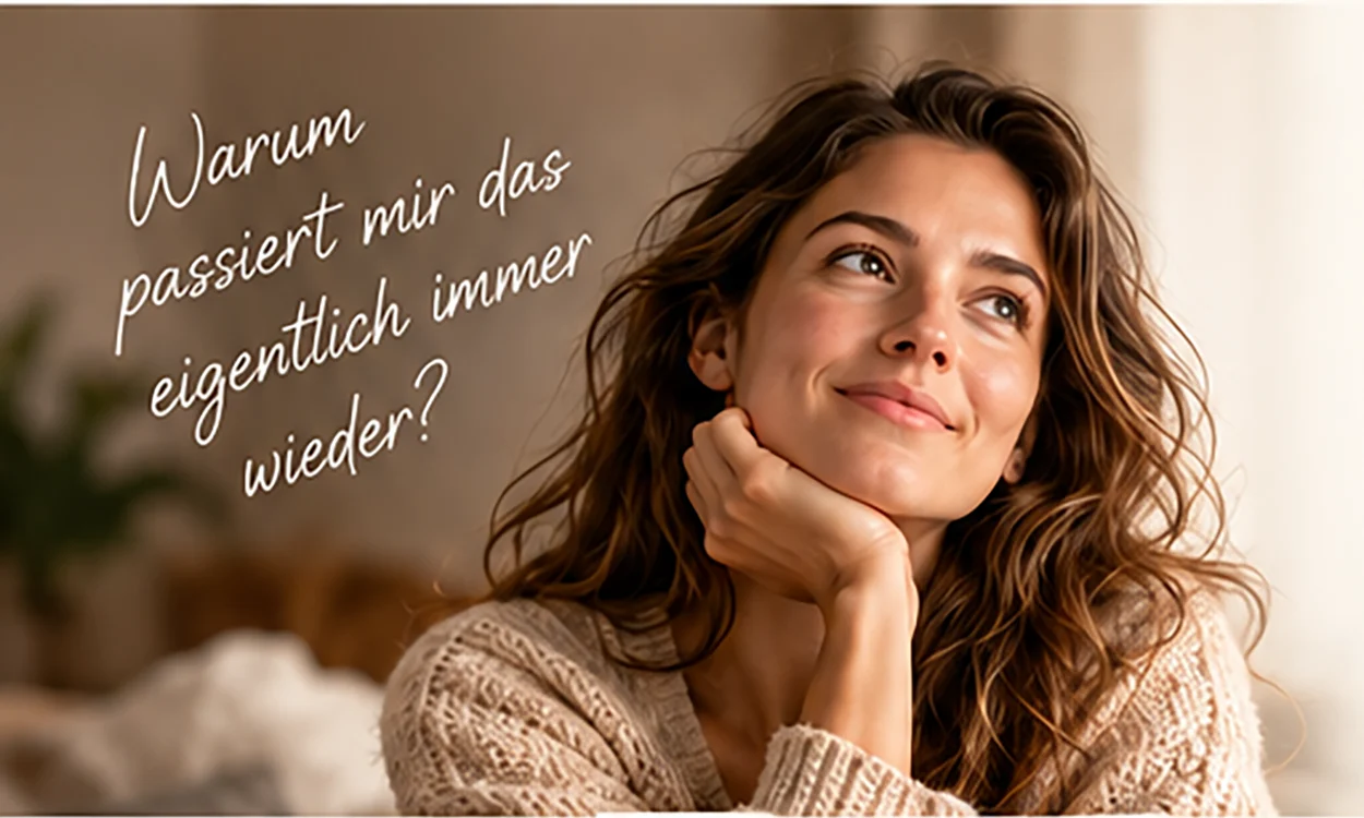 Eine Frau sitzt nachdenklich mit der Hand am Kinn und schaut lächelnd nach oben
