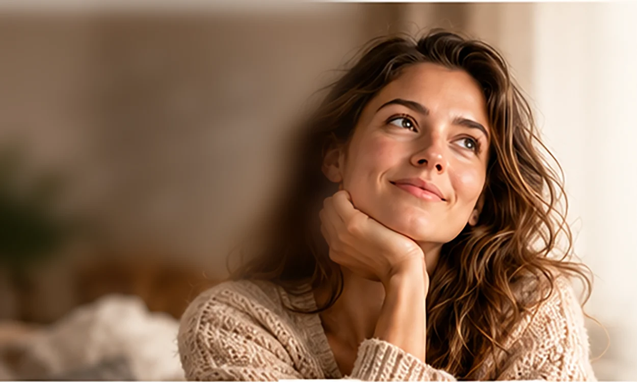 A woman sits thoughtfully with her hand on her chin, smiling as she looks upwards