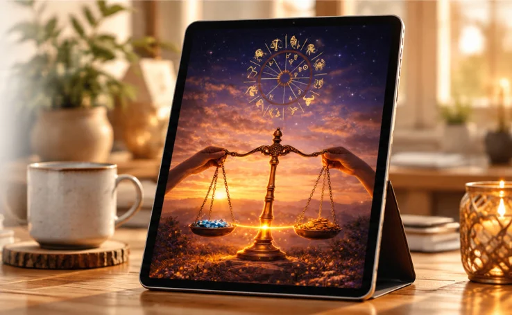Tablet on a wooden table showing a design horoscope: hands holding golden scales in front of an evening sky and the zodiac; next to it a mug and a candle lantern