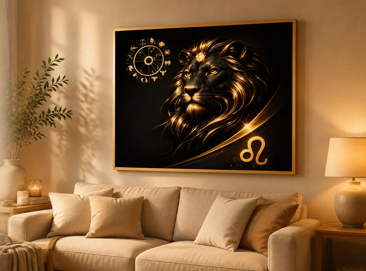 Design-Horoskop mit goldenem Löwen-Motiv im Goldrahmen über einem Sofa im Wohnzimmer
