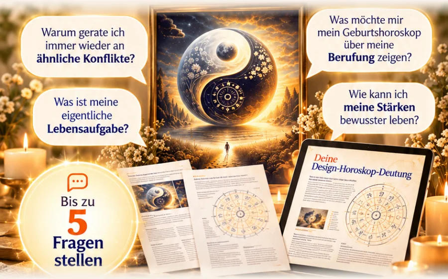 Gerahmtes Design-Horoskop mit Yin-Yang-Motiv, Sprechblasen mit Beispiel-Fragen, ausgedruckte Deutungsseiten, ein Tablet mit der Design-Horoskop-Deutung und das Siegel „Bis zu 5 Fragen stellen“