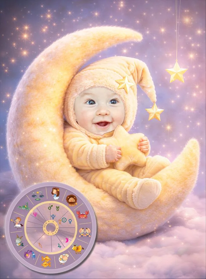 Photo motif “Baby yellow”: a baby on the crescent moon, the birth chart bottom left