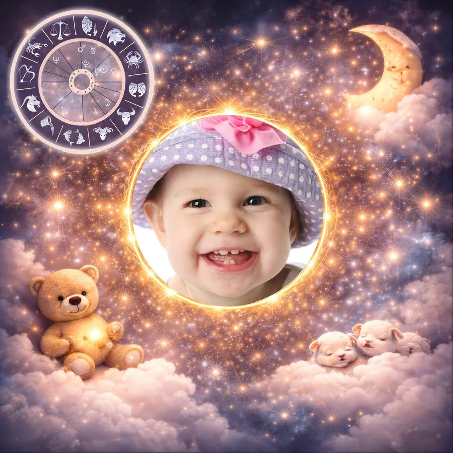Photo motif “Cloud children”: a child’s face in a glowing ring of stars, the birth chart top left