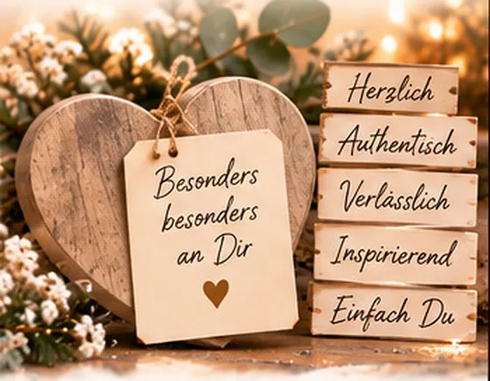 Holzherz mit Anhänger „Besonders besonders an Dir“ und Schildern wie „Herzlich“ und „Verlässlich“