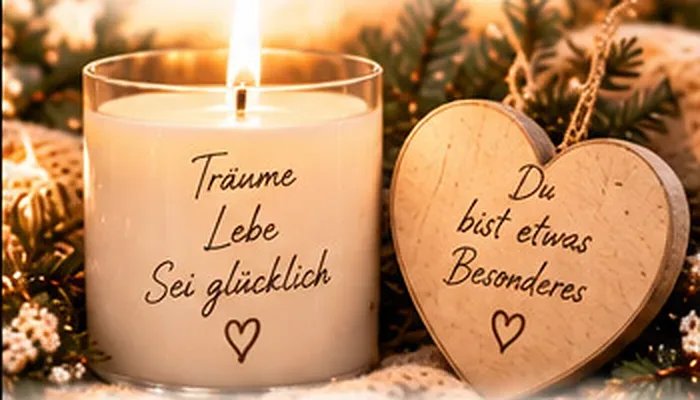 Kerze „Träume, Lebe, Sei glücklich“ und Holzherz „Du bist etwas Besonderes“
