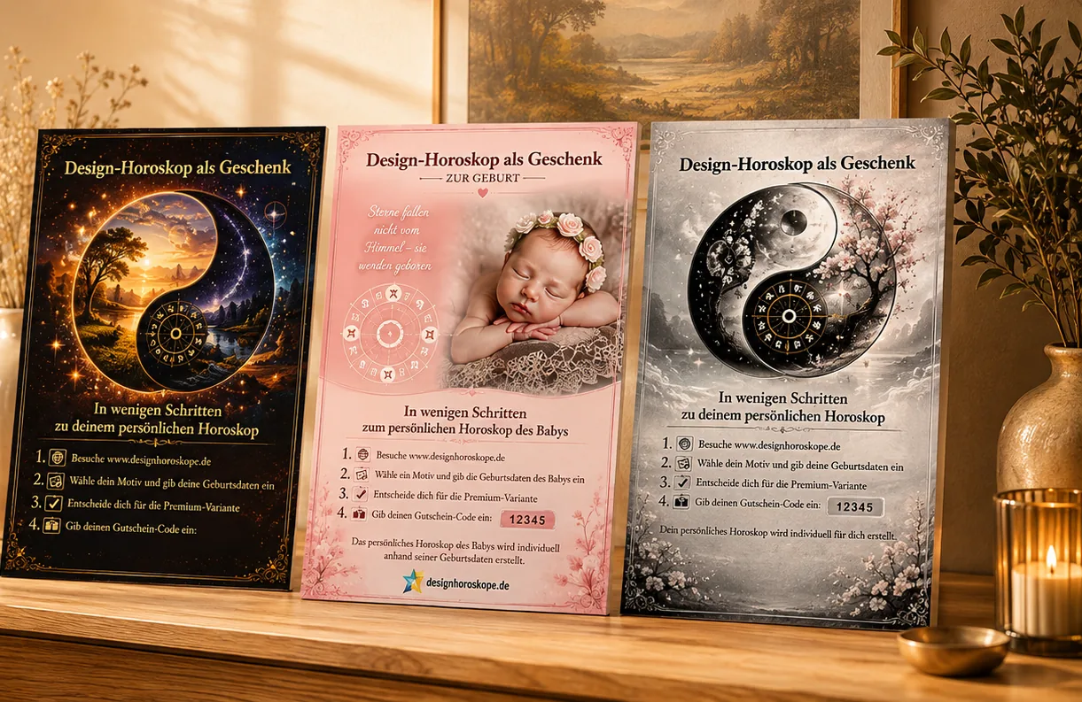 Drei Gutschein-Karten „Design-Horoskop als Geschenk“ nebeneinander auf einem Sideboard im warmen Kerzenlicht