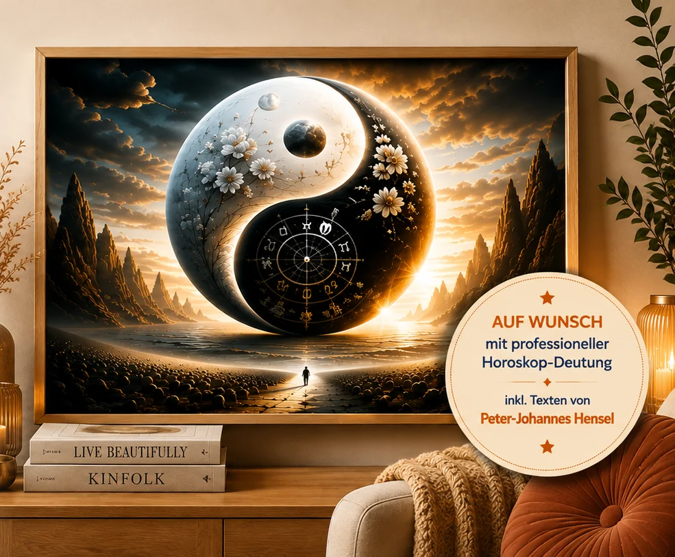 Design-Horoskop mit Yin-Yang-Motiv im Holzrahmen über einem Sideboard, daneben das Siegel „Auf Wunsch mit professioneller Horoskop-Deutung – inkl. Texten von Peter-Johannes Hensel“