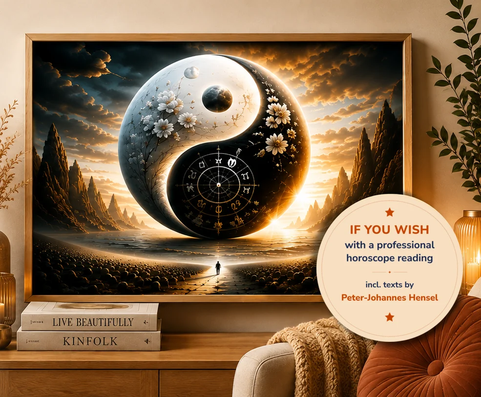 Design horoscope with a yin-yang motif in a wooden frame above a sideboard, next to it the seal “With a professional horoscope reading if you wish – incl. texts by Peter-Johannes Hensel”