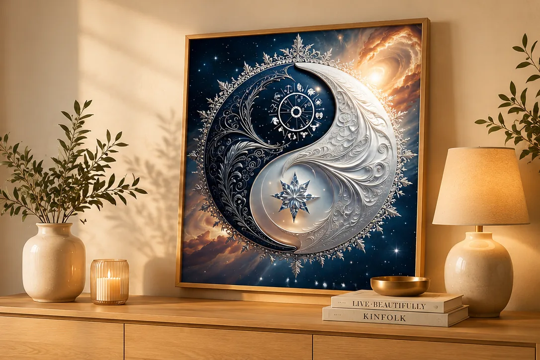 Design-Horoskop mit Yin-Yang-Motiv im Goldrahmen auf einem Sideboard