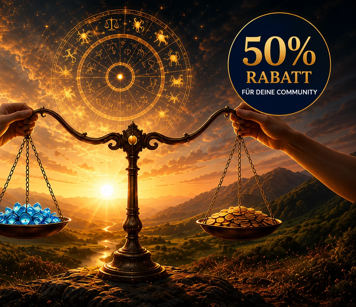 Waage vor einem Sonnenaufgang: in der einen Schale Edelsteine, in der anderen Goldmünzen, darüber ein goldener Tierkreis und das Siegel „50% Rabatt für Deine Community“