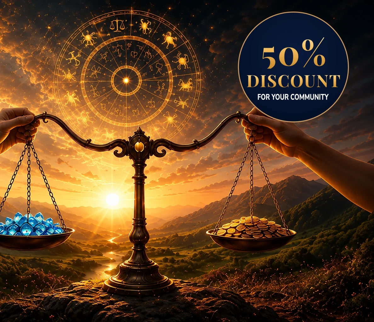 A pair of scales in front of a sunrise: gemstones in one pan, gold coins in the other, above them a golden zodiac wheel and the seal “50% discount for your community”