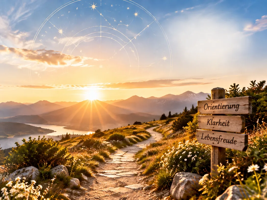 Mountain path at sunrise with a signpost, a fine zodiac wheel in the sky above